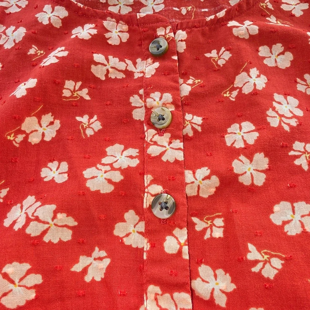 Madewell Red Floral Clip Dot Peplum Blouse Short Puff Sleeve Button Front Top M